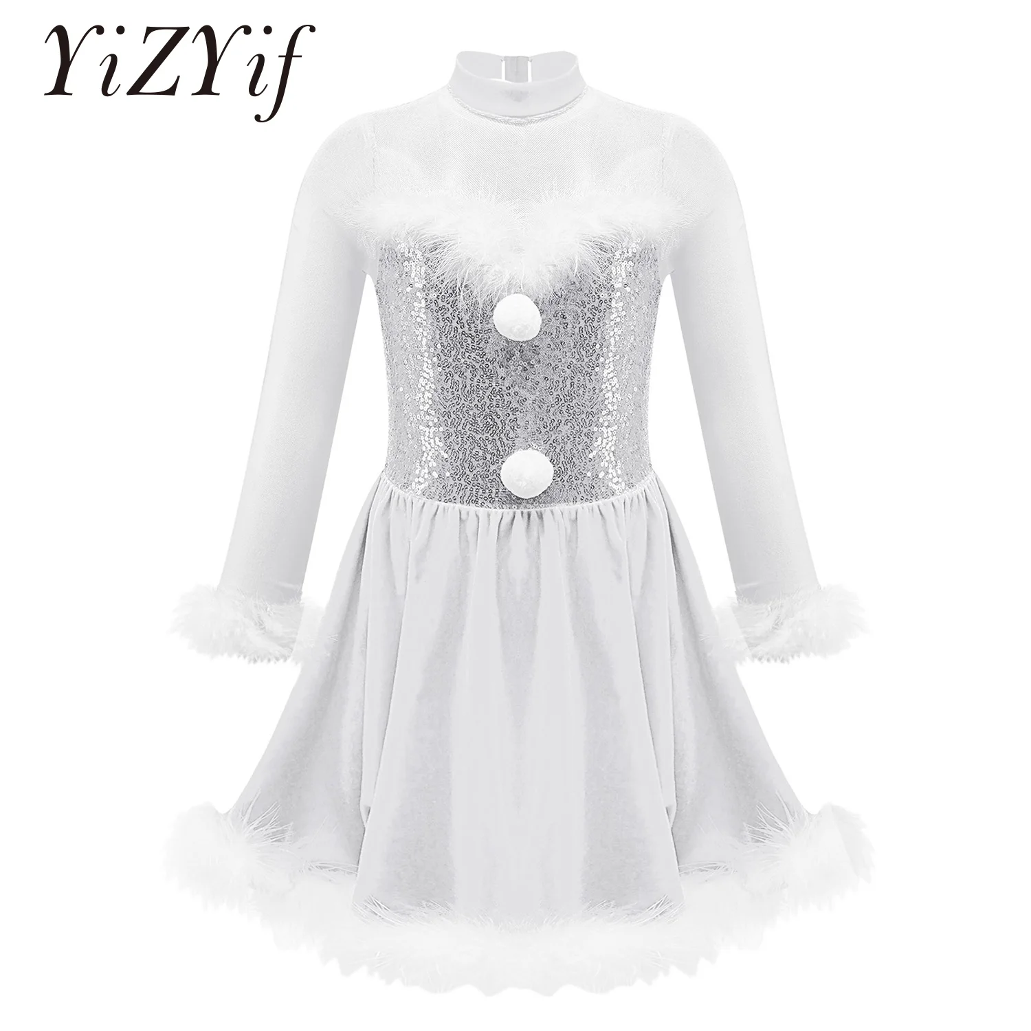

Kids Girls Sequins Ballet Leotard Dress Feather Gymnastic Jumpsuit Figure Skating Dress Christmas Performance Costume Dancewear