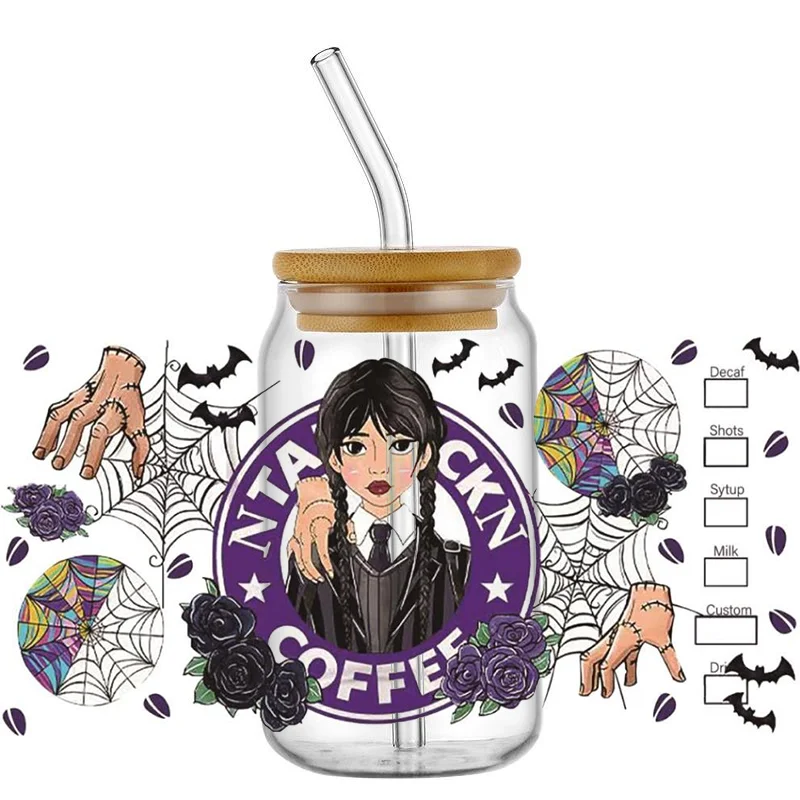 Hotsale Cartoon Mooie Woensdag Hallowmas 16 oz UV DTF 3D Sticker Decals Wraps Glas Kan Cups Craft DIY Verjaardagscadeautjes