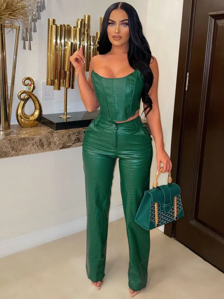 

CPSYMYM Faux Leather Women's Set Sleeveless Zipper Fly Crop Top and Wide Leg Pants PU Two 2 Piece Sets Outfits Tracksuit