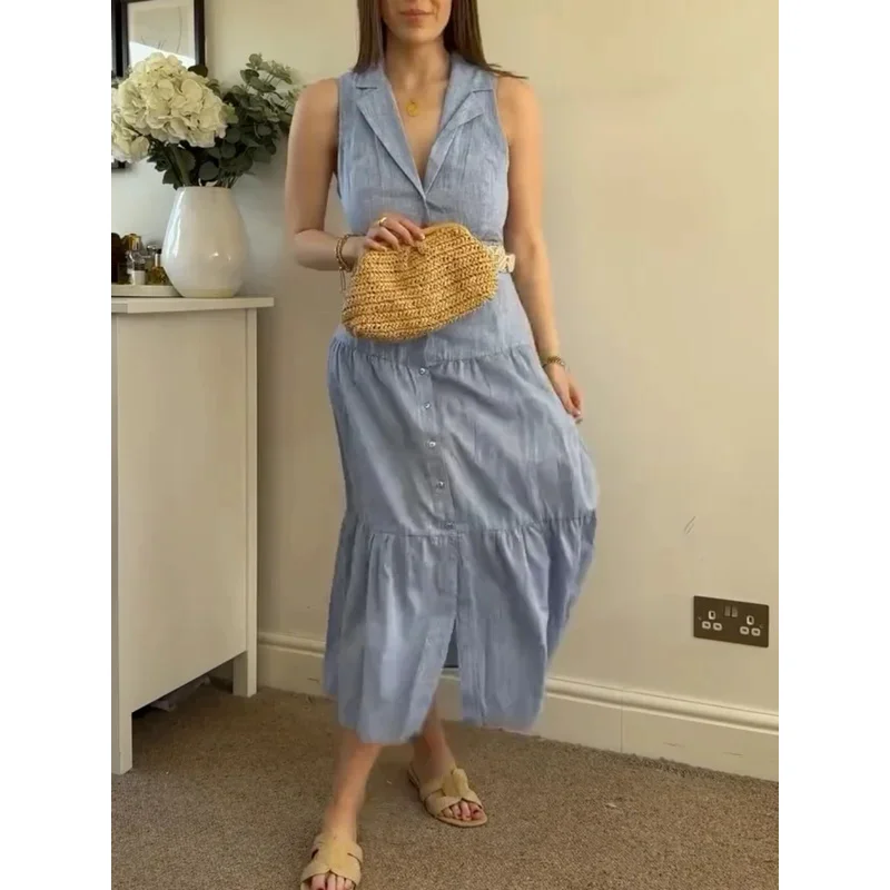 

Women's Sleeveless Linen Commuter Dress Lapel Single-Breasted Casual Long Fashion Belt Decoration Female Simple