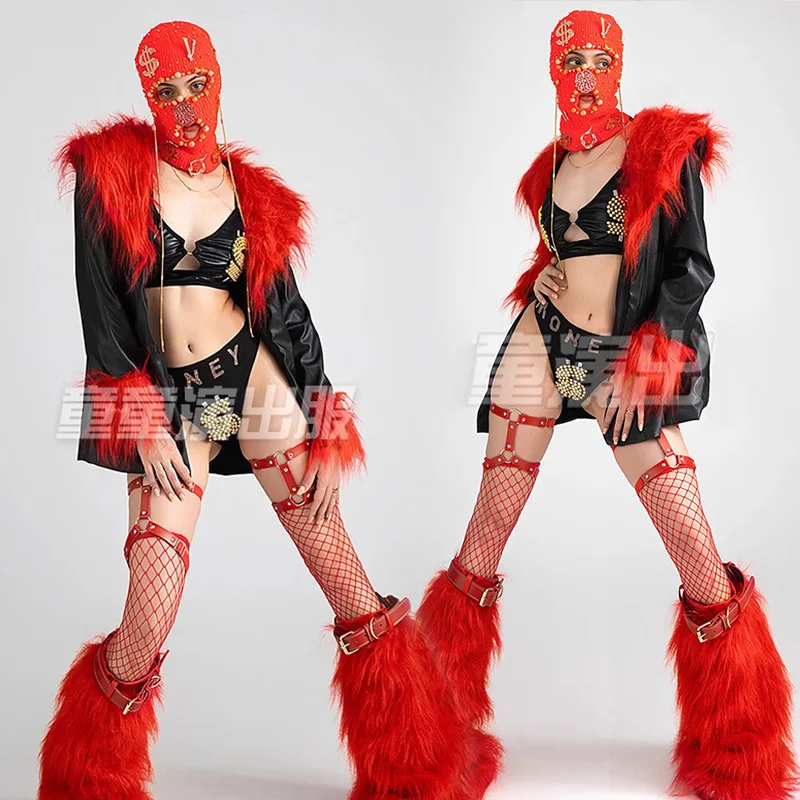 

Look Drag Costume Sexy Gogo Dancer Outfit Women Red Black Stage Show Suit Showgirl Performance Wear Party Rave Clothing VDL4527