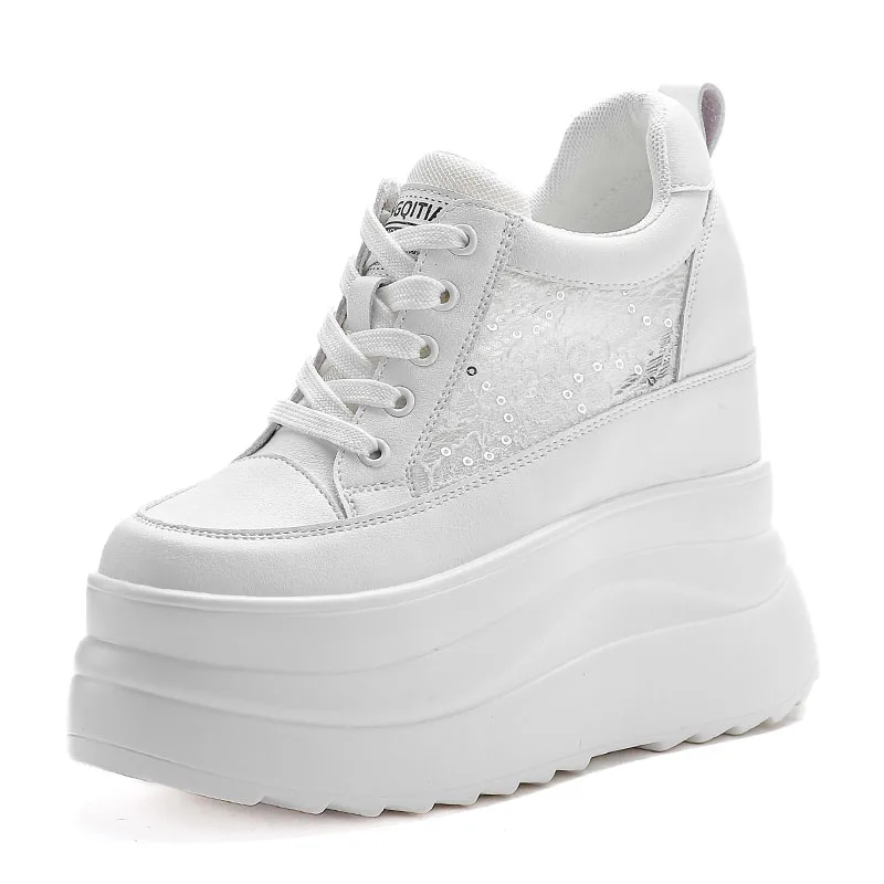 DRKANOL Concise White Casual Shoes Women Thick Sole Height Increasing 13cm Real Cowhide Lace-Up Chunky Platform Wedges Shoes