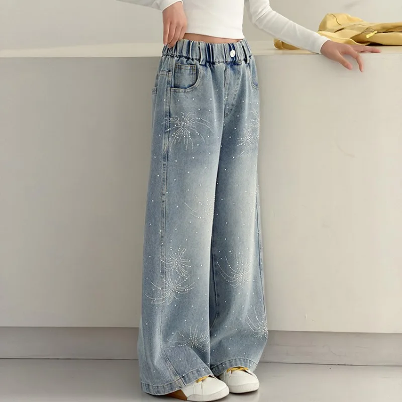 2026 Autumn OLEKID Children Girls Jeans Loose Sequin Junior Girls Denim Pants Elastic Waist Young Teenagers Girls Straight Pants