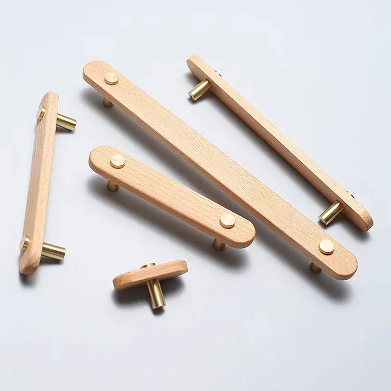 Natural Wooden Cabinet Handles Beech Solid Brass Kitchen Cupboard Door Knobs Wardobe Pulls Modern Simple Furniture Hardware