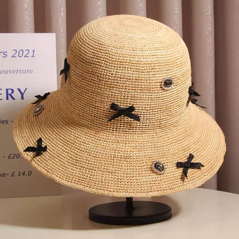 

Summer Sweet Bow, Water Diamond Big Eaves Straw Hat, Handwoven Lafite Grass Sun Hat, Outdoor Sunshade and Sunscreen Bowl Hat