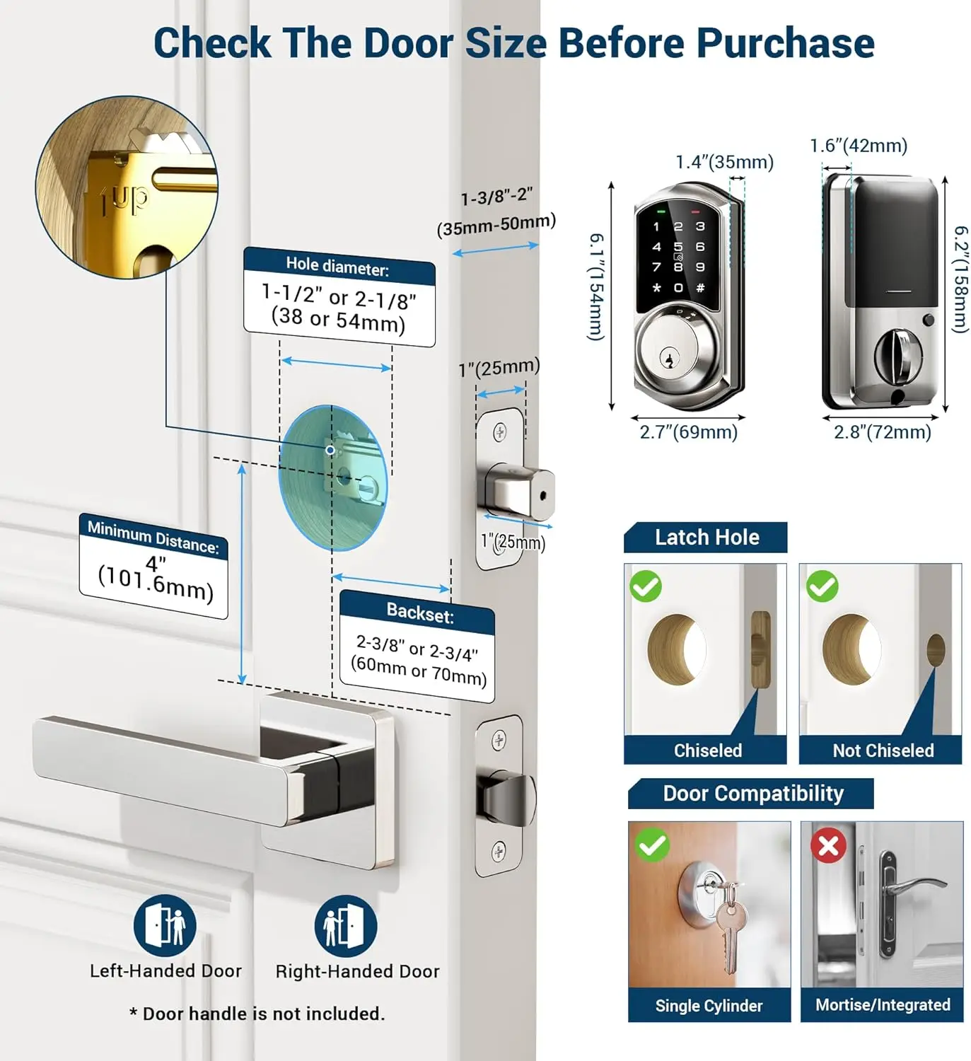 Veise Smart Deadbolt مع التحكم في التطبيق، قفل ذكي للدخول بدون مفتاح للباب الأمامي، قفل باب رقمي إلكتروني مع رمز