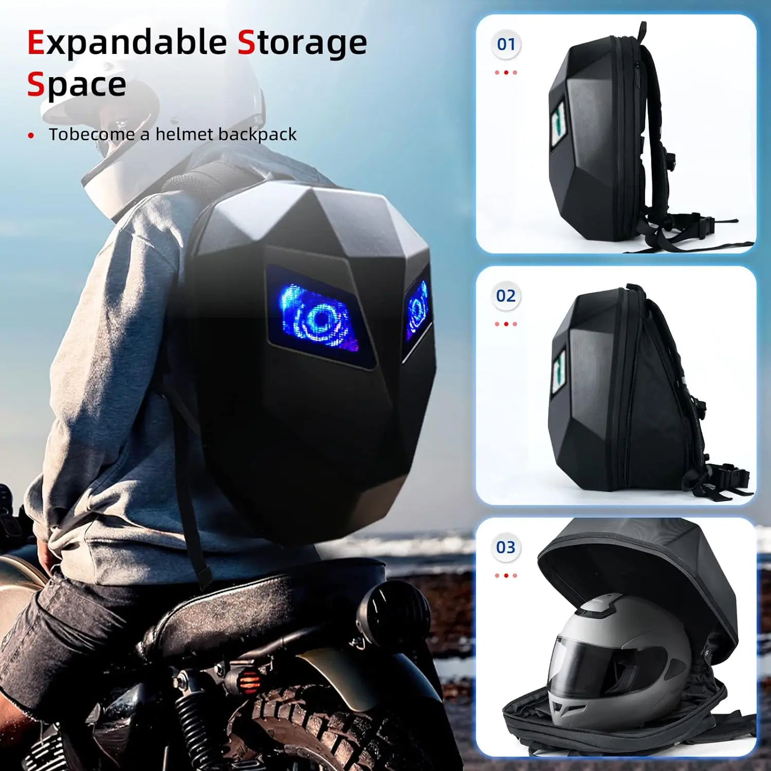 Smart LED Display Mochila para a equitação da motocicleta, mochila, mochila, ciclismo, bluetooth, impermeável, casca dura, diy, bicicleta, cavaleiro