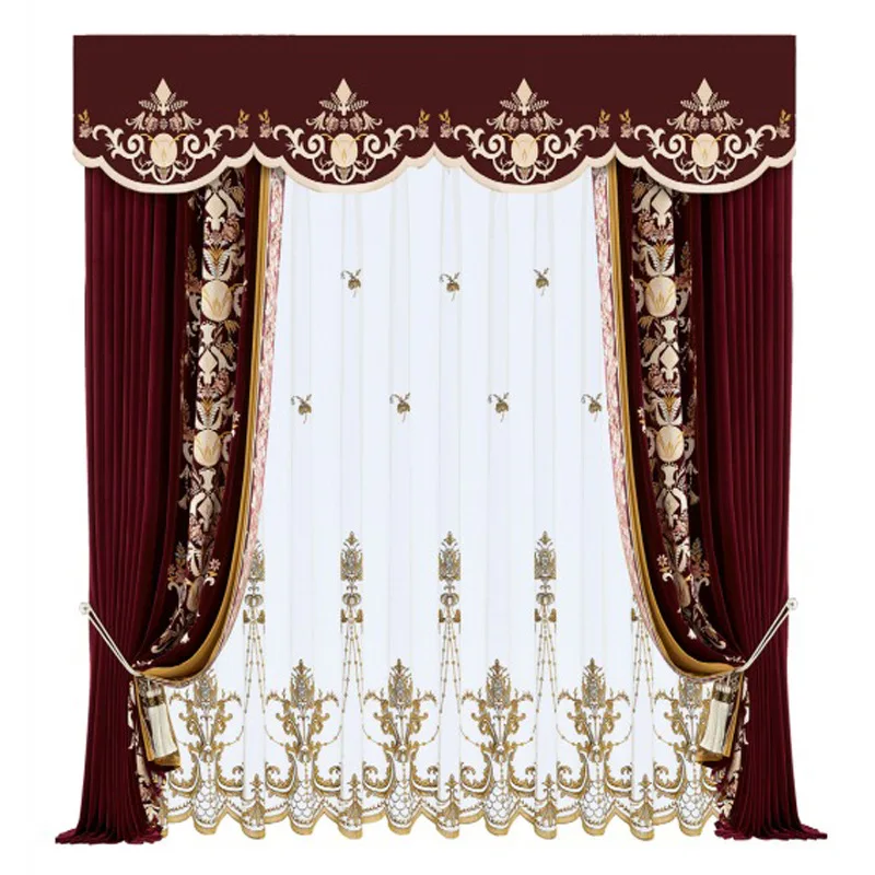 

Custom curtain American luxury villa embroidered flannel thick velvet cloth blackout curtain tulle valance drape C1551