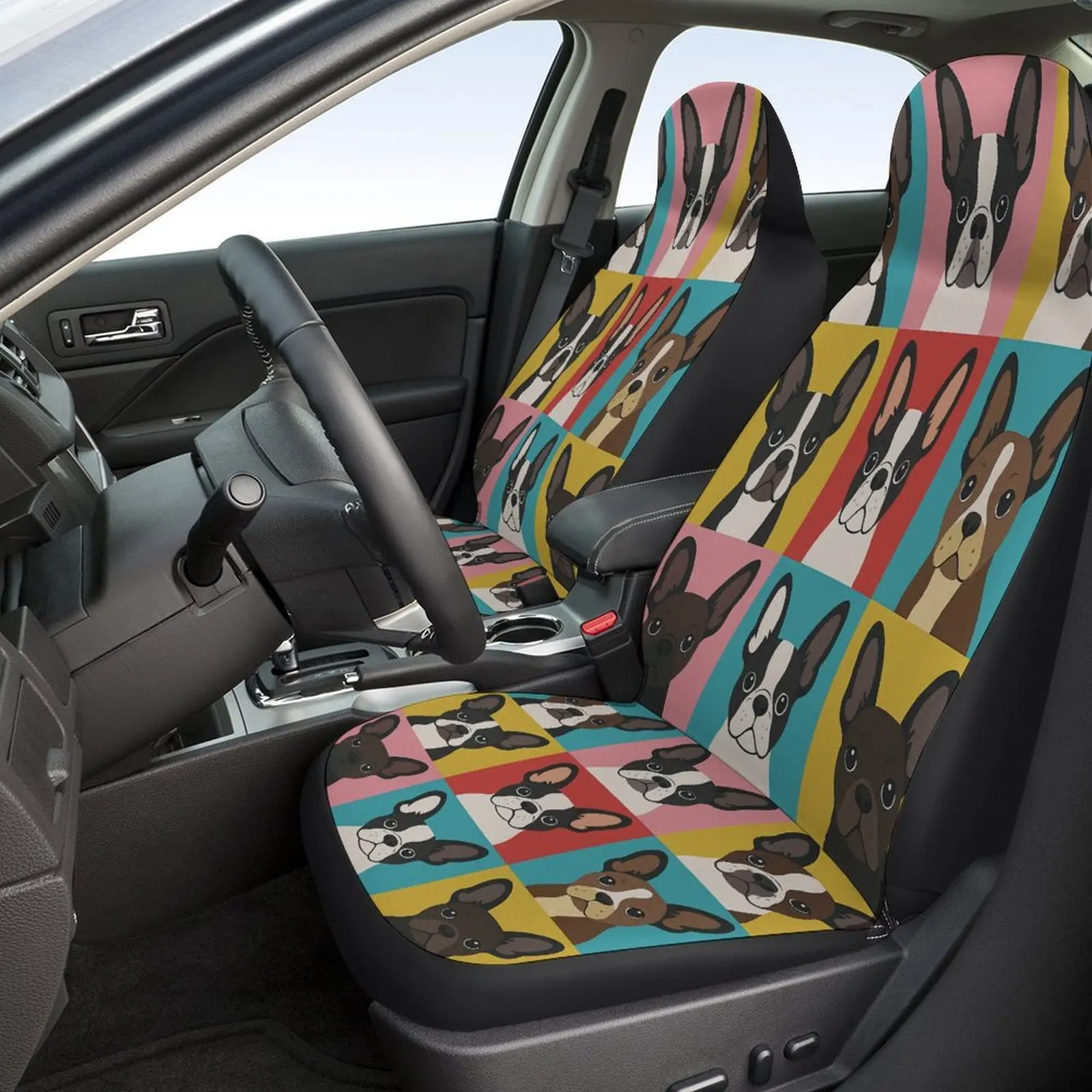 French Bulldog Grid Art Themed Car Seat Cover Set For Most Cars, Decorative Trendy High-Quality Car Seat Protector Covers Full S