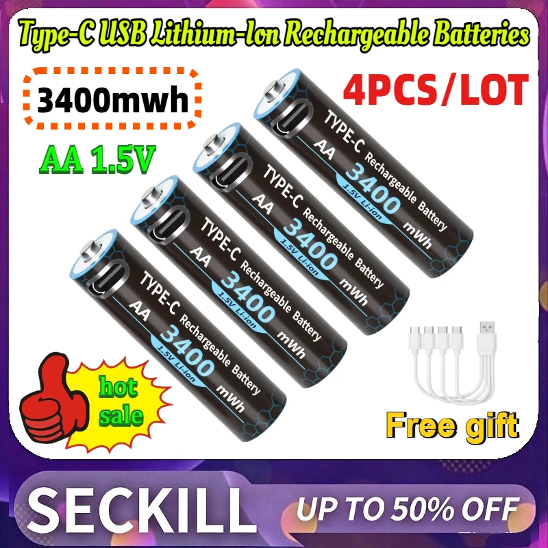 

4PCS/LOT 3400mWh Constant Voltage Type-C USB Lithium-Ion Rechargeable Batteries for Portable Projector E-books Game Consoles