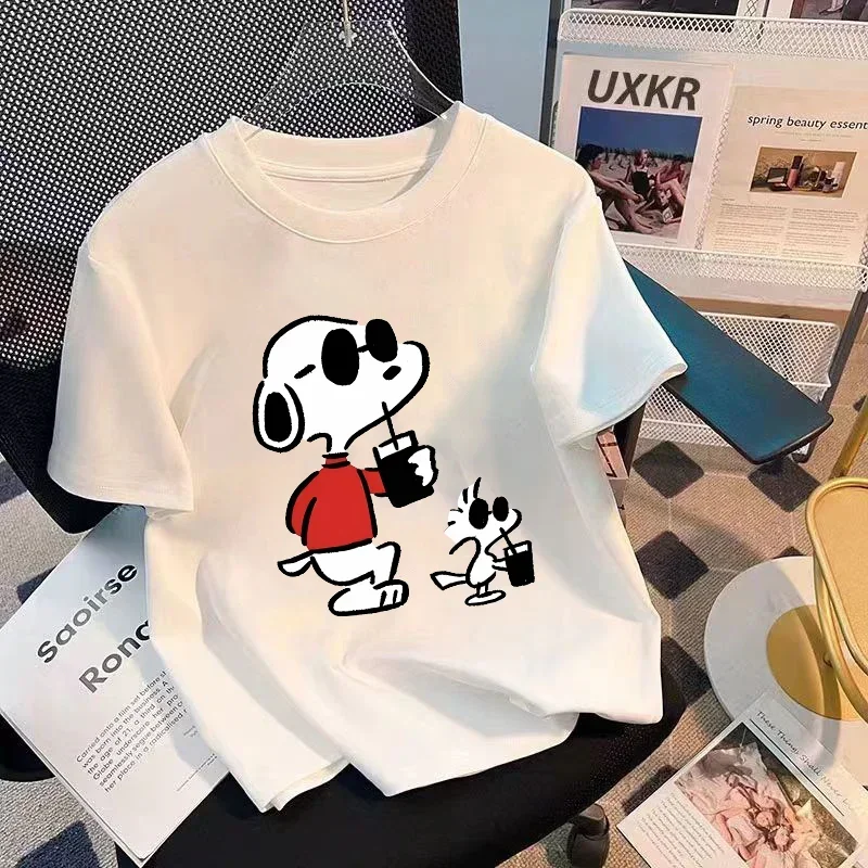 Snoopy T Shirt Summer Cotton Tops Solid Color Blank Adult Printed Tshirts O-neck Round Collar Short-Sleeve Couple White Top Tees