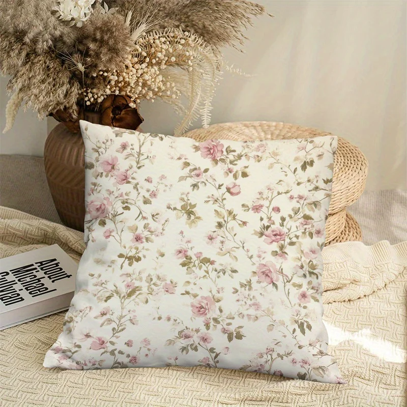 Elegant Beige Pink Roses Green Leaves Double-Sided Pillowcase Decorative Cushion Cover for Sofa Bed Home Gift