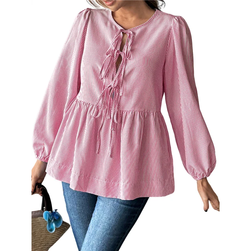 

CGS-Womens Lace Up Tie Font Y2k Tops Puff Sleeve V Neck Blouse Loose Fit Summer Cute Clothes