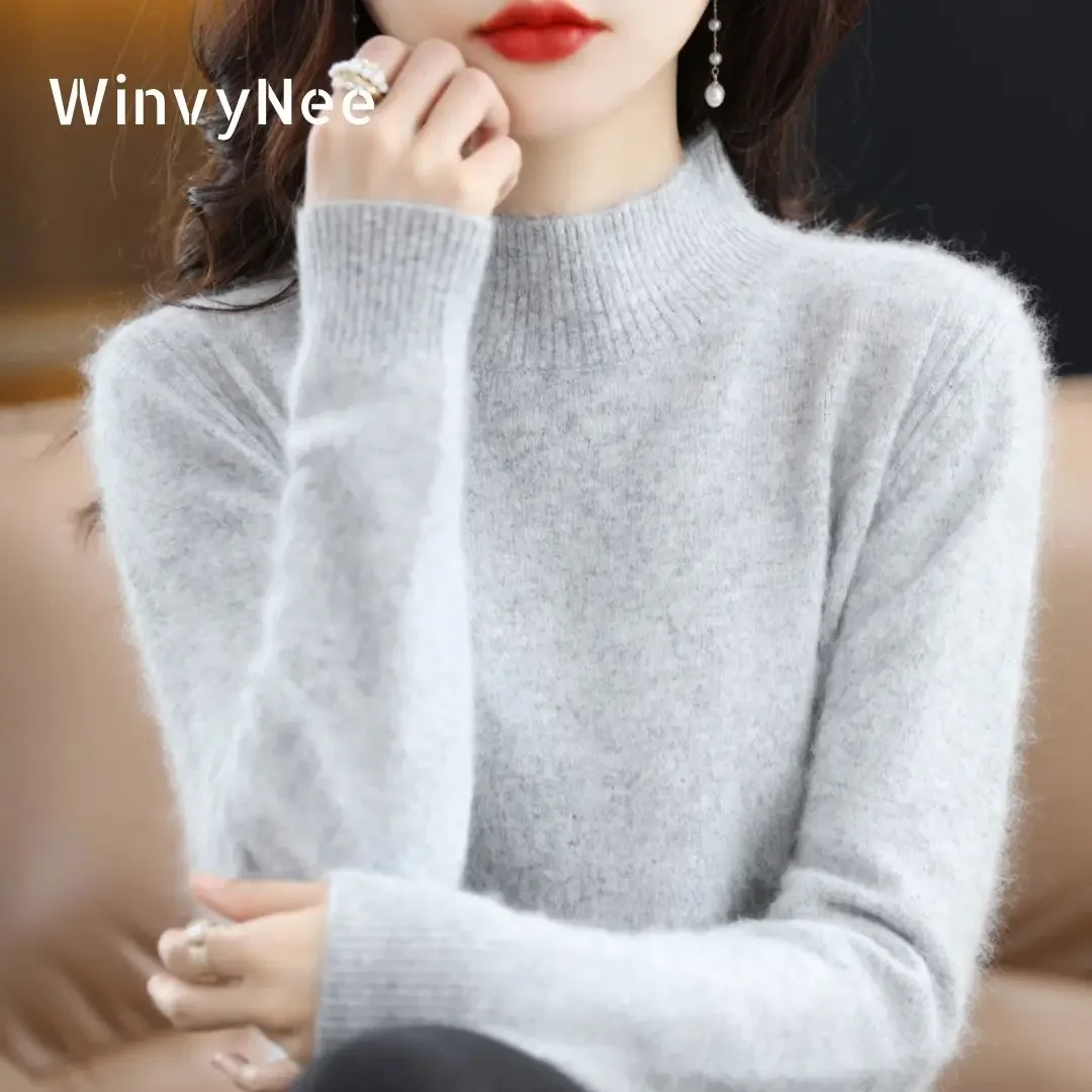 

WinvyNee Women Mink Cashmere Sweater Mock Collar Casual Outerwears Warm 2024 New Knitted Pullover Clothing Winter A1248003