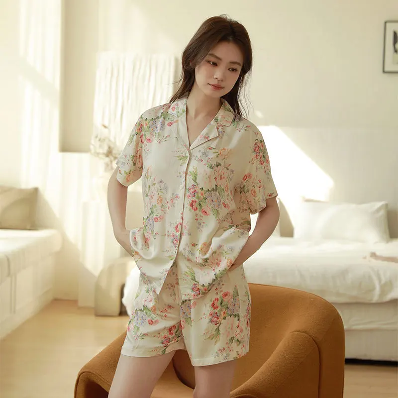 

Ladies' Elegant Viscose Satin Sleepwear, Drapey Floral Print Short Sleeve Button Shirt & Comfy Shorts for Summer Lounging
