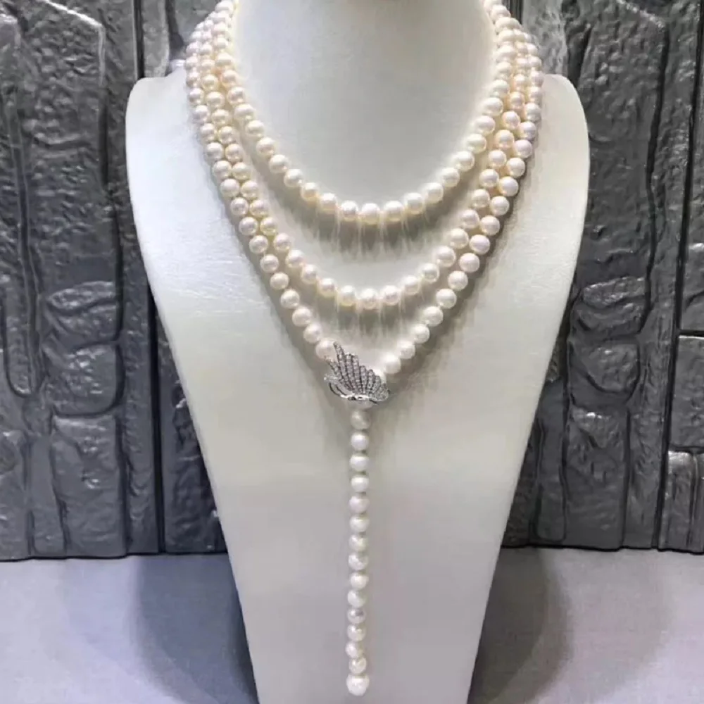 Charming Pearl Necklace AAA+7-8mm Natural Japanese White Pearl Necklace 925s Length 60 inch