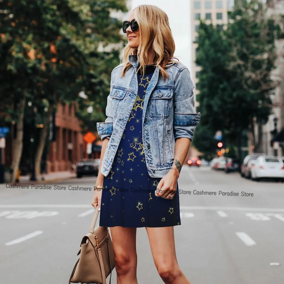 فستان نسائي ستارز صيفي كاجوال فساتين تي شيرت لتغطية الشاطئ فستان بدون أكمام