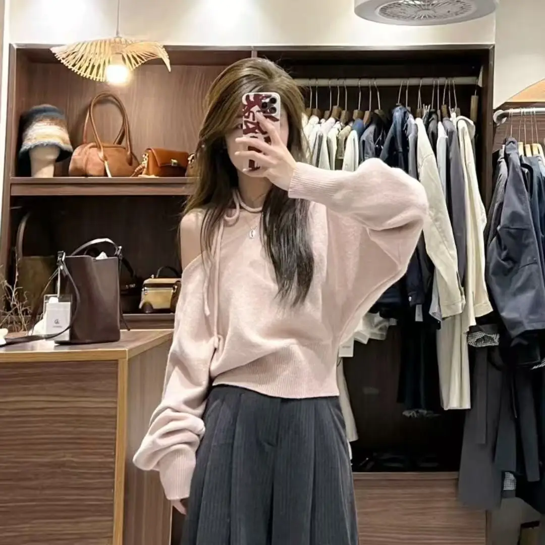 Koreaanse Chic oulder Bared ort Truien vrouwen Losse Luie Overhead Trui Schuine Kraag Herfst Nieuwe Sle Casual Faion