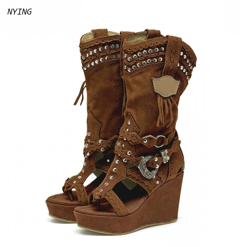 2026 Women's Boots Trend Knee-High Metal Decoration Flock High Heels Pinch Toe Fashion Shoes For Women Light Blue 44