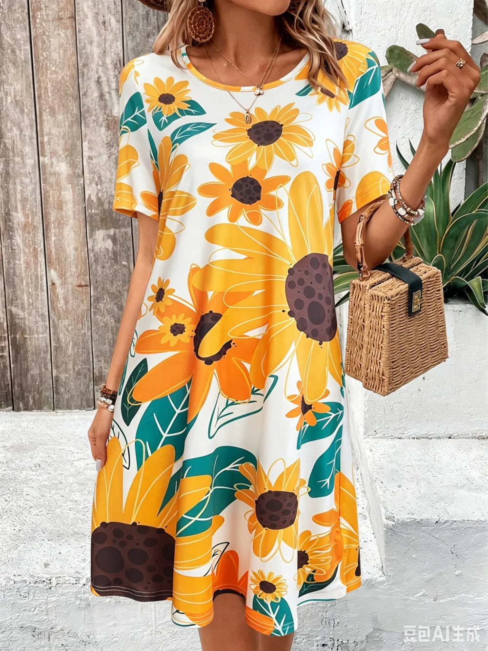 Women's Sunflower 3D Print Dress, 2026 Summer Casual O-Neck Short Sleeve A-Line Sundress Fashion Dress Sundress Beach Vacation