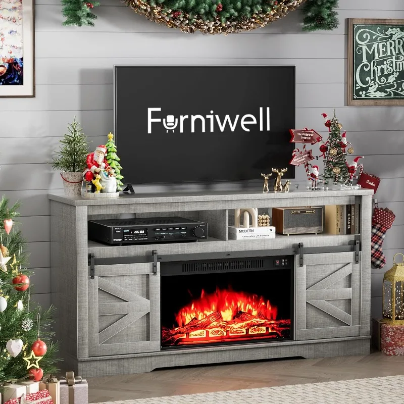 

Electric Fireplace TV Stand for TVs up to 65", Media Entertainment Center with 26” Fireplace, Farmhouse Console with Sliding