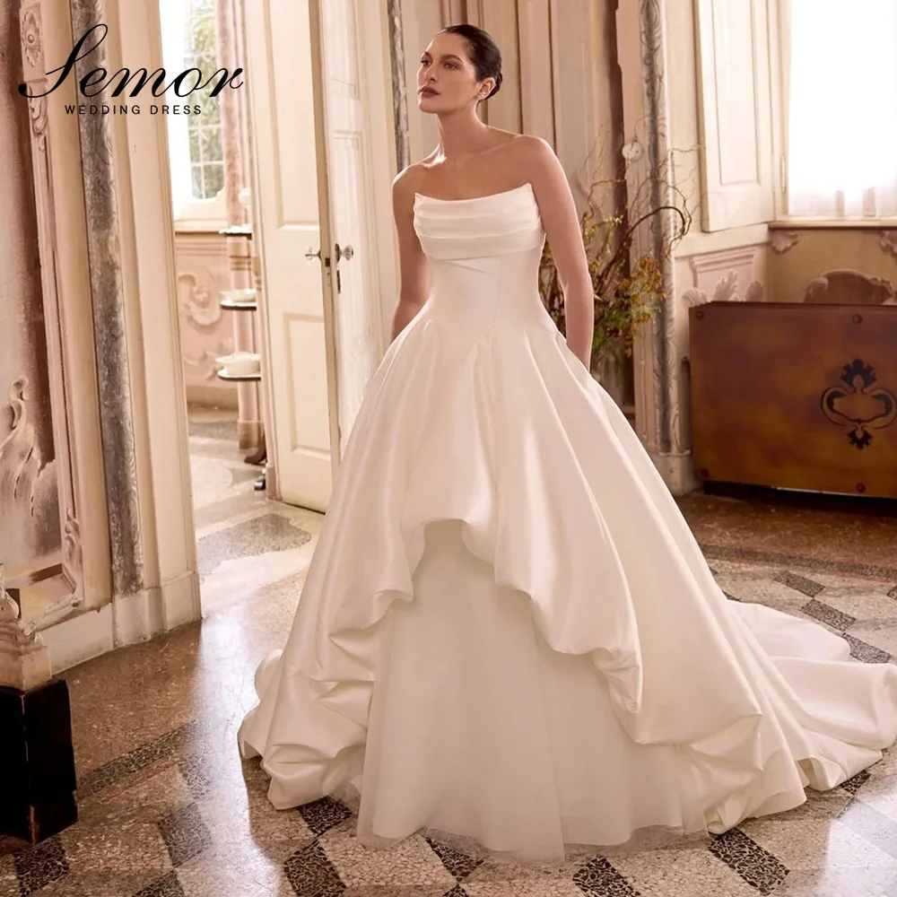 Semor Elegant Strapless Sleeveless Stain Wedding Dresses Customized 2026 A-line Pleat two pieces Court Train Robe De Mariée