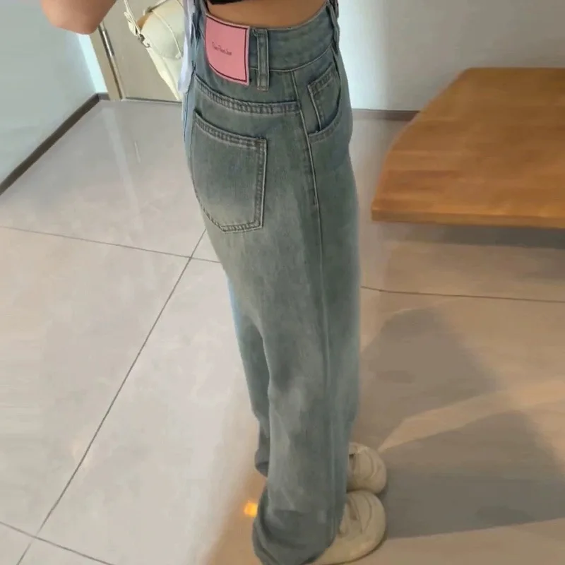 American personality loose thin jeans female spring and autumn style straight high waist all drapery feeling wide leg trousers