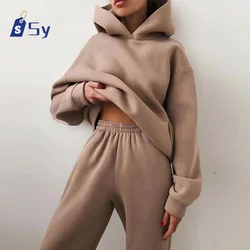 Sy 2024 New Autumn/winter Women's Sportswear Set Fashion Warm Hoodie Sweatshirt Two Oversized Casual Hoodie Pullover Pants Suit