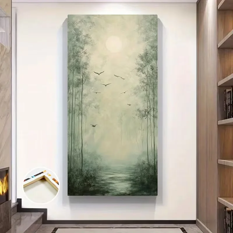 1pc No Framed Sun Large Wall Art, Forest Large Wall Art, Birds Art Prints, Silence Vertical Canvas Wall Art Print, Mist Vertical