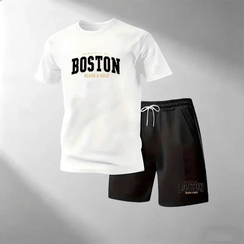 BOSTON Men's Fashion Street 2 Piece Set O-Neck Short Sleeve T-Shirt + Sport Shorts Quick Dry Gym Running Suit Hot Sale Summer