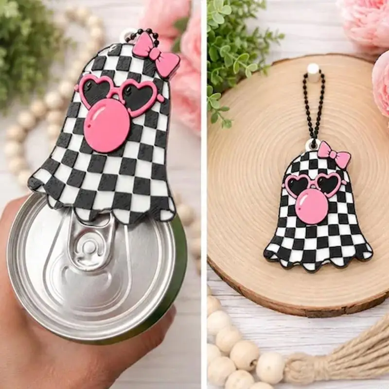 Metal Checkerboard Character Can Opener with Pink Decorative Detail JOMD