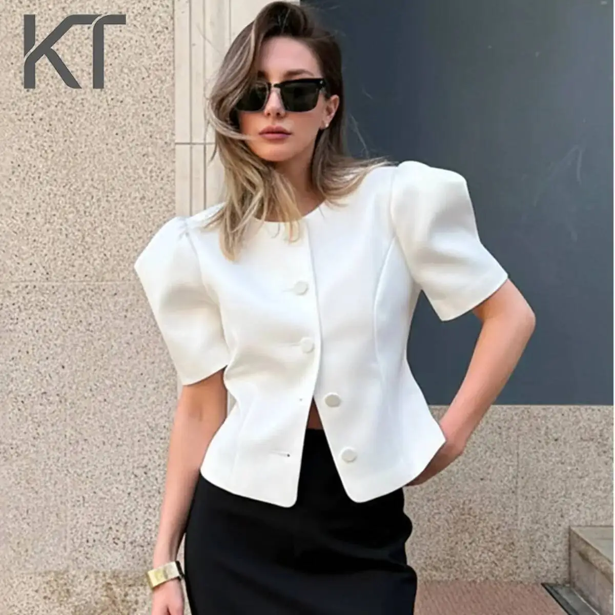 

KT 2026 Summer White Puff Sleeve Shirt Women Elegant Round Neck Waist Cinched Blouse Office Lady Short Sleeve Button Up Slim