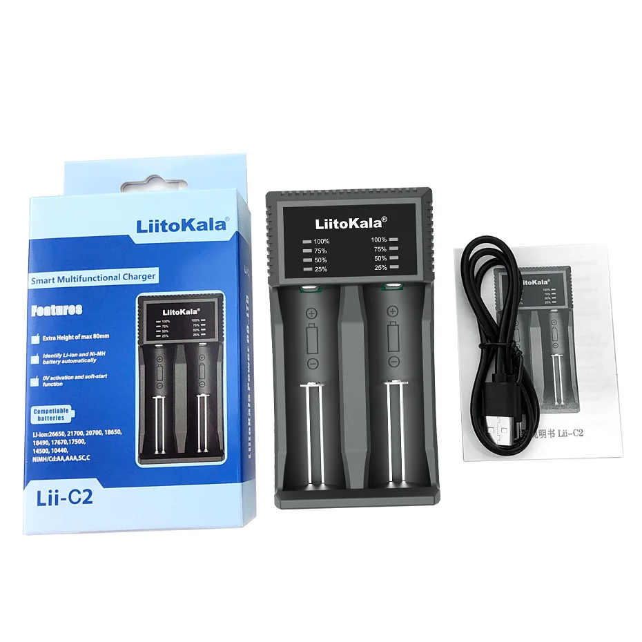 LiitoKala Lii-C2 Universal 3.7V Battery Charger Fits 18650 21700 26650 17500 1.2V AA AAA SC Batteries, Can Load 21700 With PCB.