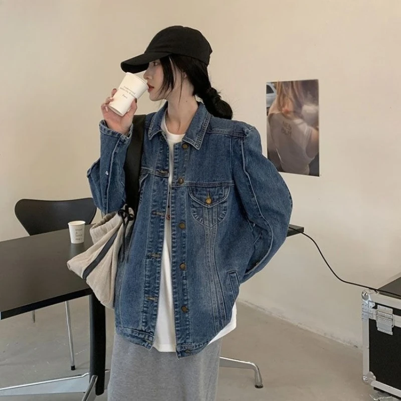 2025 nuove donne vintage unico street style spalla dritta metà lunga giacca di jeans scuro coreano allentato primavera autunno capispalla