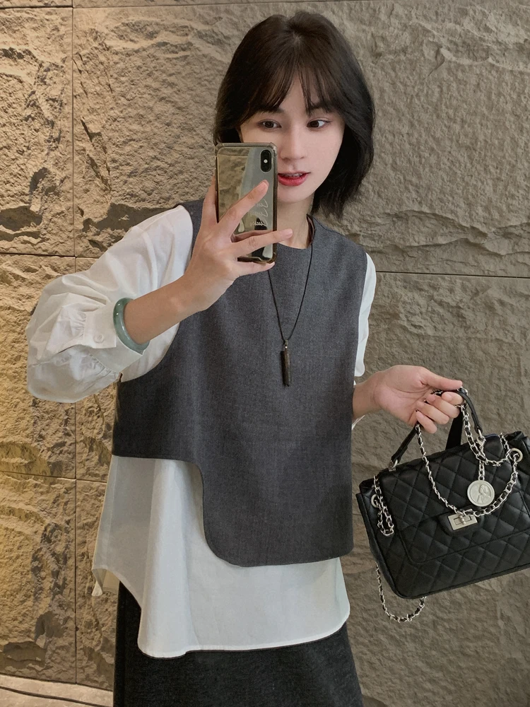 

Casual Loose Long Sve irt Women's Spring Autumn New Sle Fake Two-Piece Suit irt Asymmetrical Hemline Cotton Blend