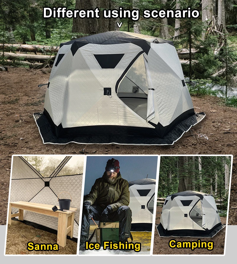 Outdoor Hexagon sauna hub tent portable Pop Up custom cube hiking insulated ice fishing tent 6 person winter camping hot tent