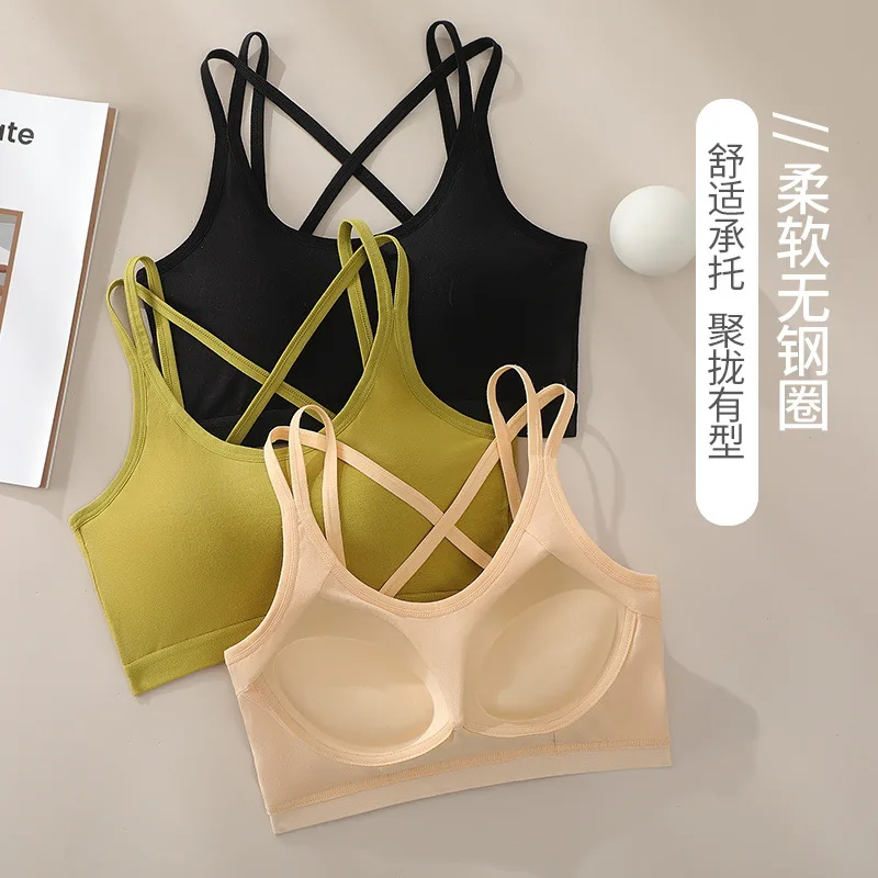 

Cross Back Sexy Underwear Women's Push-up Cotton Sports Vest Training Bra Integrated Fixed Cup Top