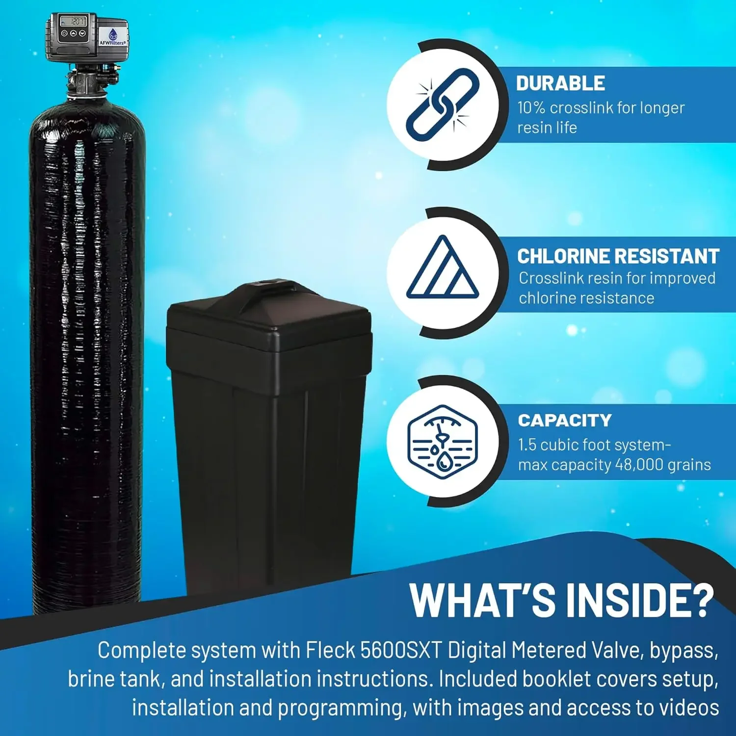 Premium Fleck 5600 SXT Meter Demand Water Softener - 48,000 Grain Capacity with 10% Long Life Crosslink Resin