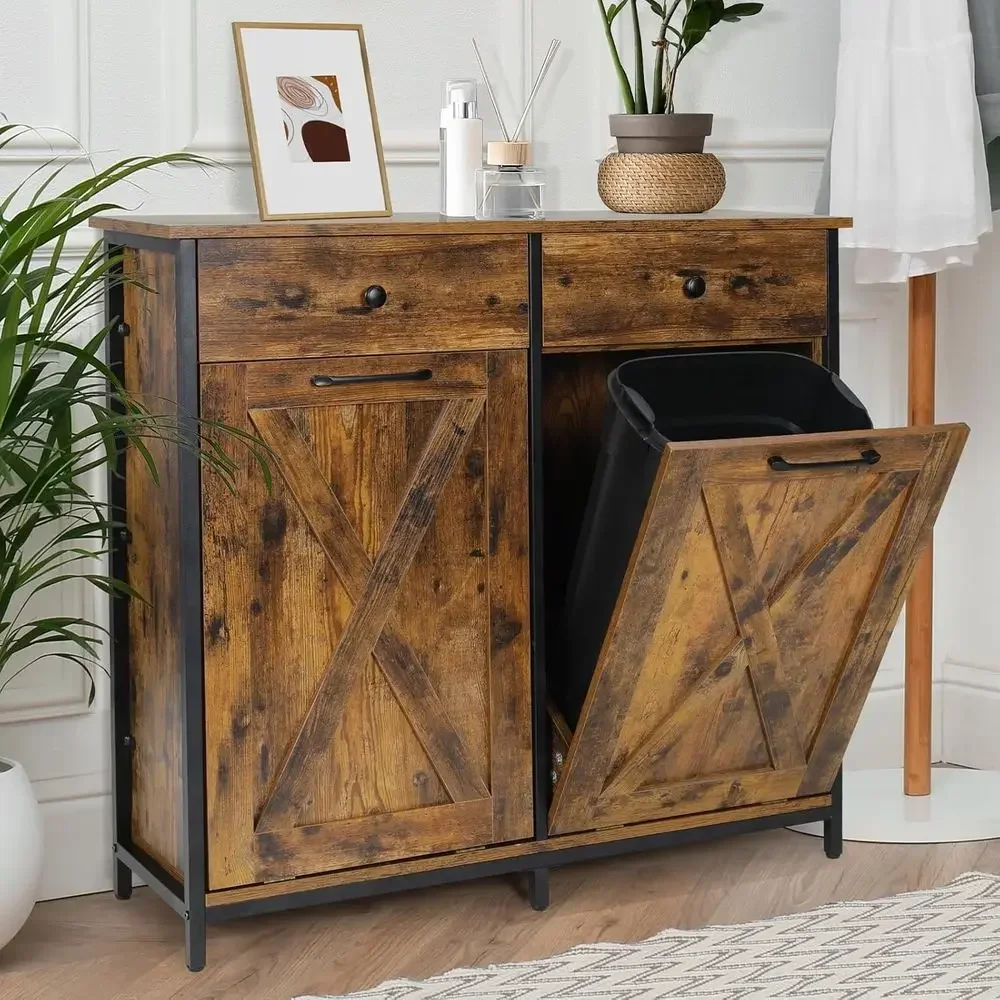 10 Gallon Dual Trash Cabinet, Kitchen & Laundry Sorting Station, Rustic Brown