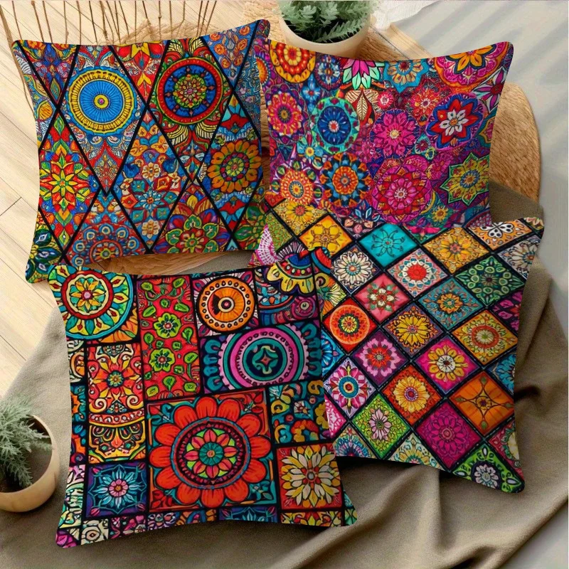 

4Pcs Ethnic Vintage Throw Pillow Covers with Hand Drawn Bright Mandala Mosaic Bloom Art Cushion Cases for Balcony Holiday Party