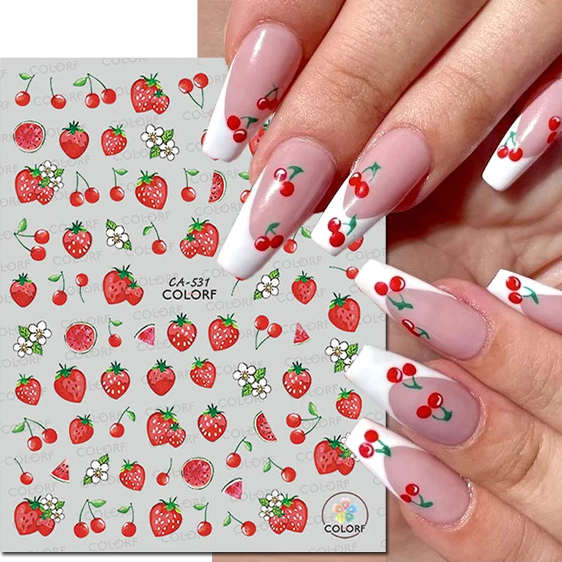 

3d Nails Art Adhesive Sliders Summer Cherry Strawberry Melon Fruits Flowers Decals For Nails Decorations Manicures