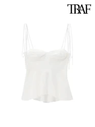 TRAF-Women's Asymmetric Bustier Tops, Sweetheart Neck, Tied Thin Straps, Female Camis, Sexy Fashion