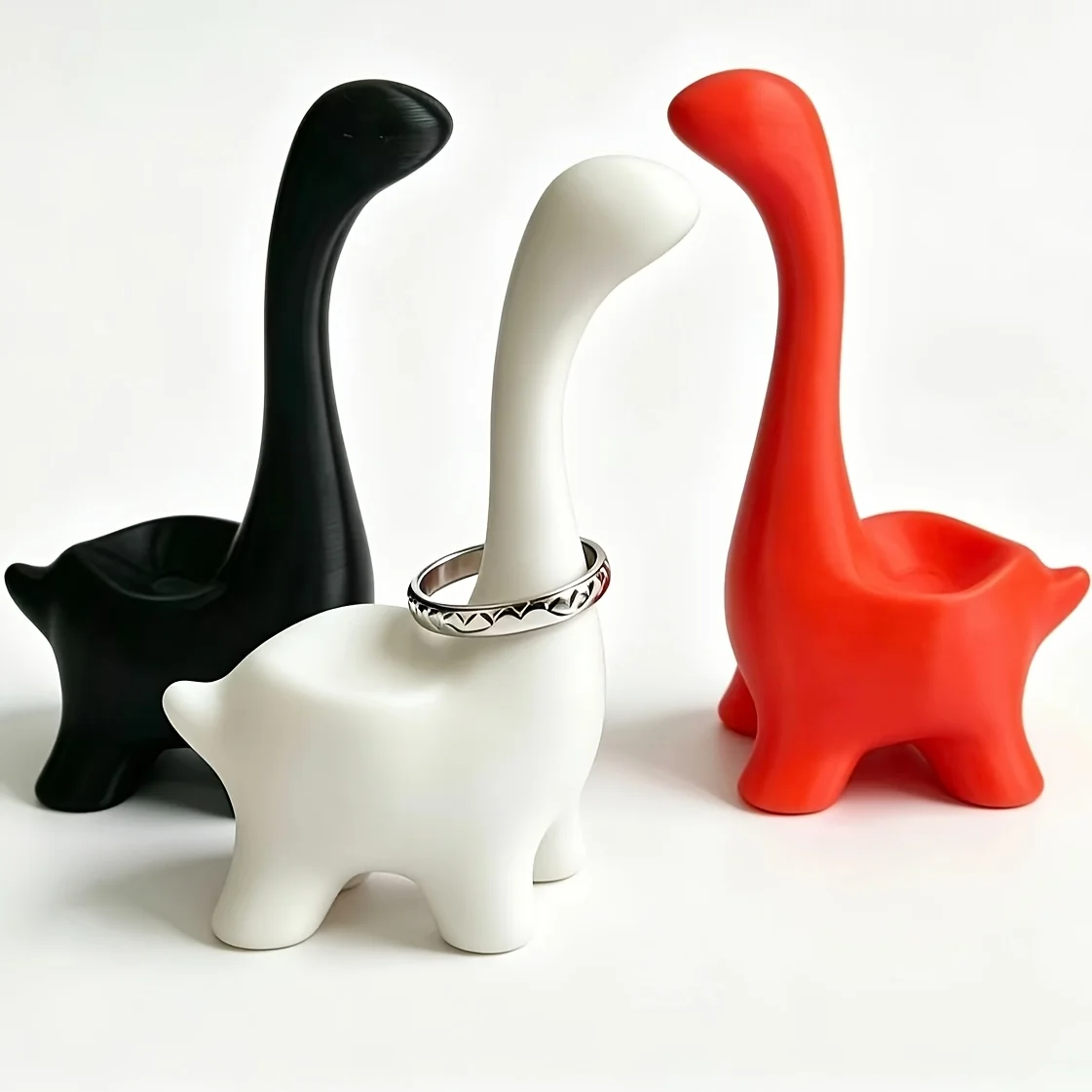 2Pcs Simple Long-Necked Dinosaur Ring Holder 3D Printed Mini Jewelry Tray for Entryway Desktop Decoration