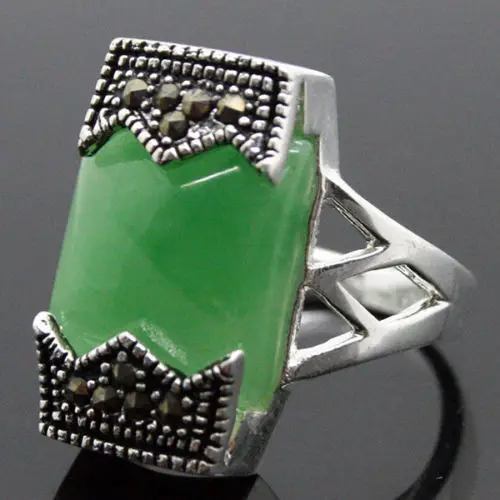 12*20MM RARE MARCASITE NATURAL GREEN NATURAL JADE 925 STERLING SILVER RING SIZE 7/8/9/10925