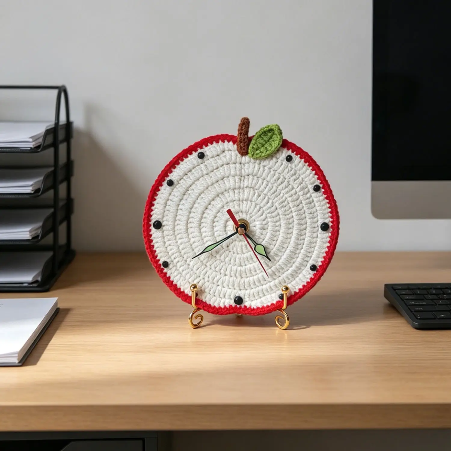 Finished product hand-crocheted office healing line cute apple clock silent clock style novel desk clock ornament
