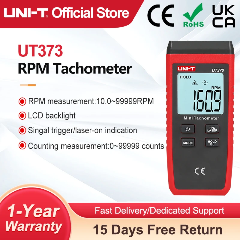 UNI-T Mini Digital Laser Tachometer UT373 Non-Contact Tachometer RPM Range 10-99999RPM Tachometer Odometer Backlight