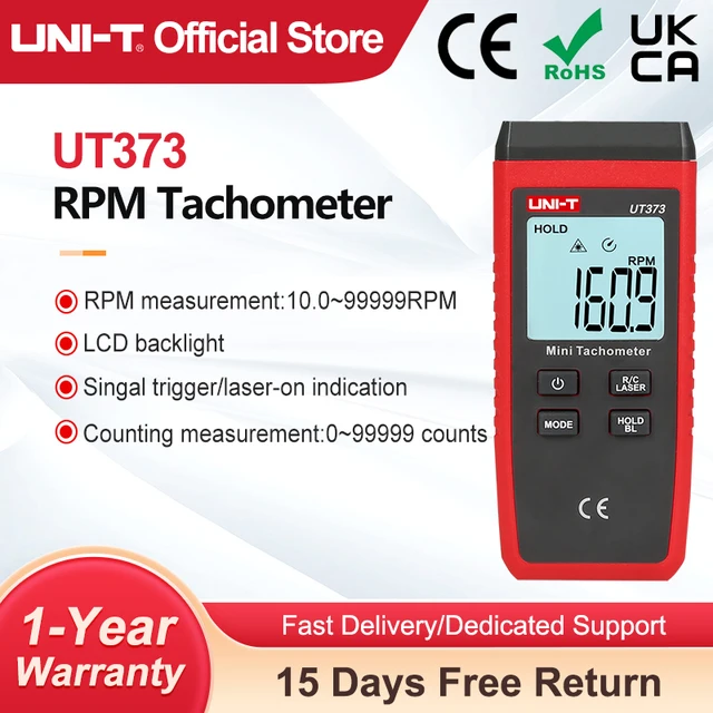 UNI-T Mini cyfrowy obrotomierz laserowy UT373 bezdotykowy obrotomierz zakres obrotów 10-99999 obr./min obrotomierz licznik kilometrów podświetlenie
