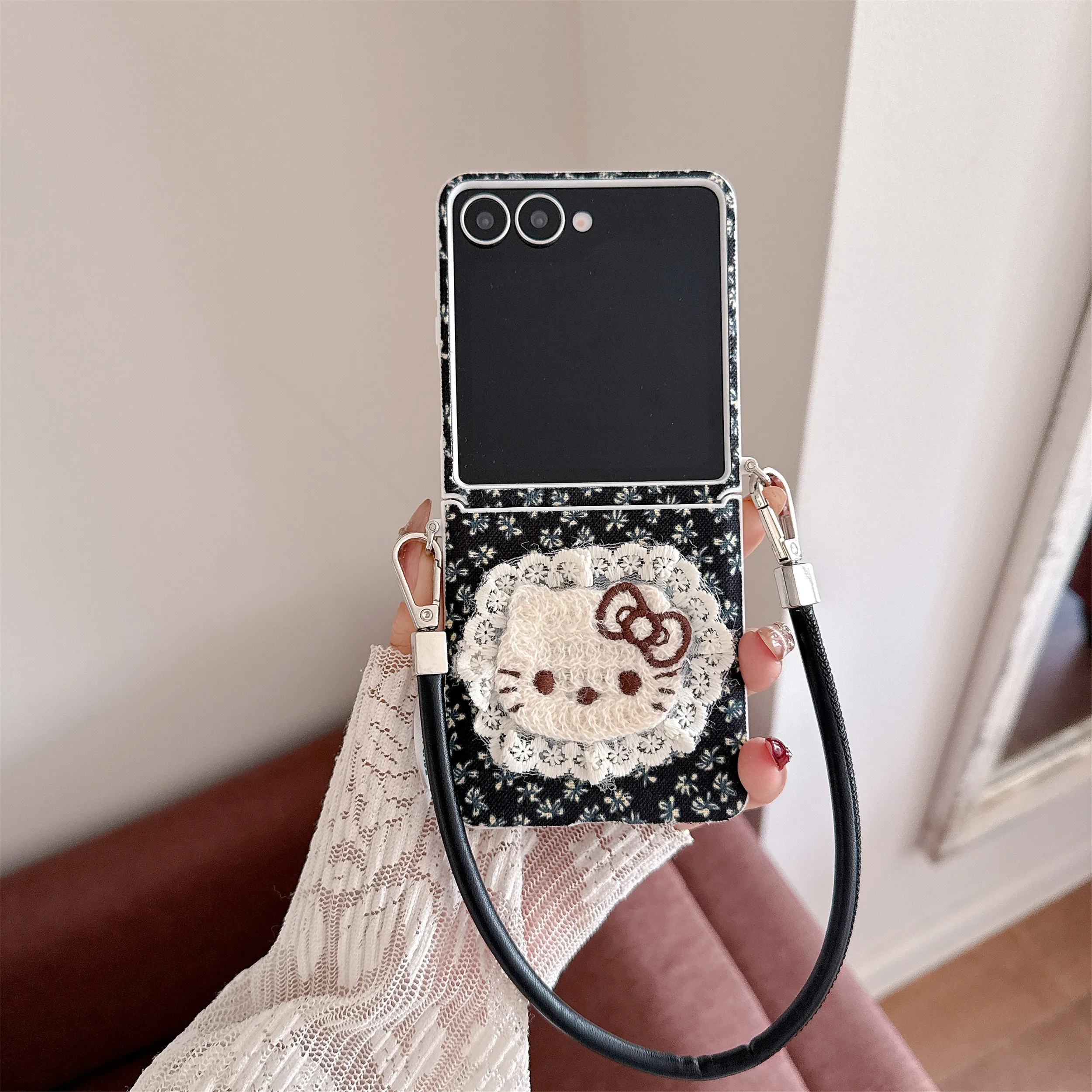Korean cute little flower plush Hellokitty phone case for Samsung Galaxy Z flip6 7FE Flip5 6 Flip7 cover with strap fashion case view 2