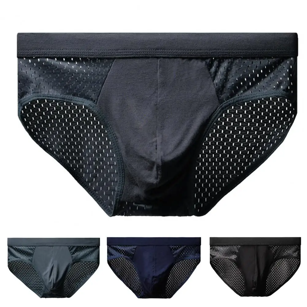 Men Briefs Mesh Stretchy Breathable Solid Color Plus Size Hollow Out U Convex Panties Underwear Inside Wearing for Bedroom