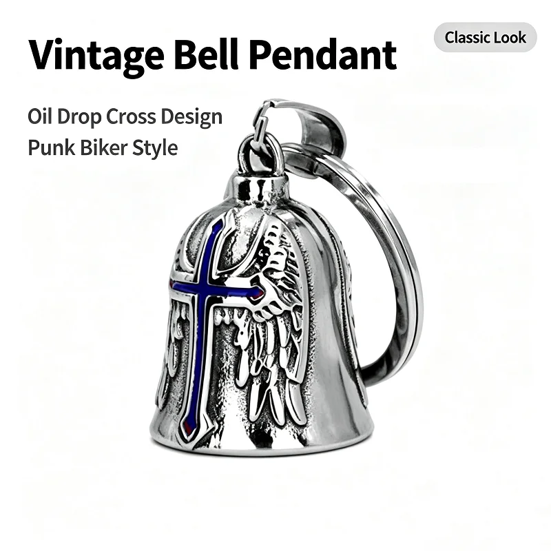 Motorcycle Guardian Bell Keychain Retro Punk Angel Wing Cross Lucky Charm Stainless Steel Metal Pendant Biker Amulet Accessories view 6